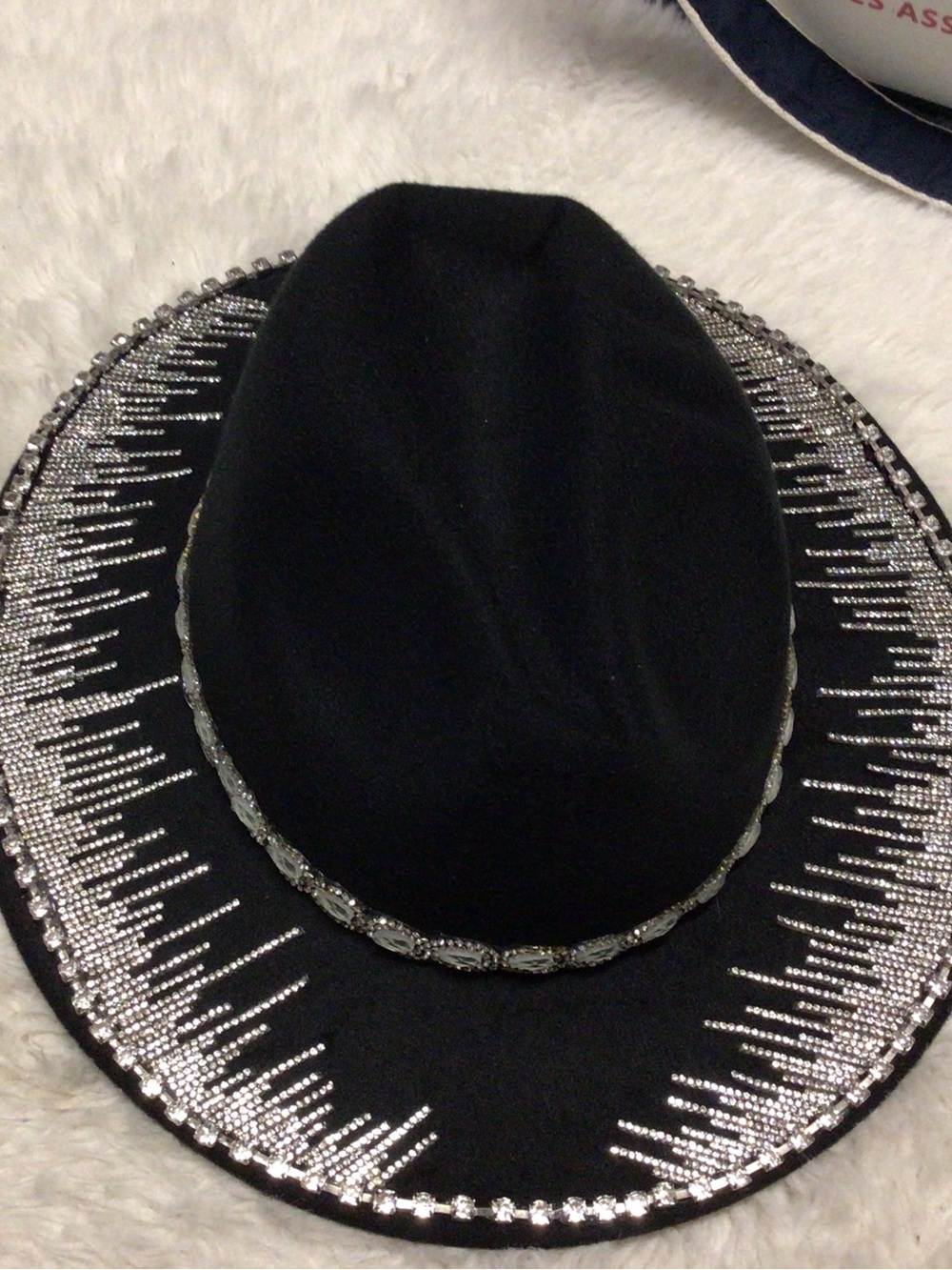 Embellished Black Fedora with Silver Rhinestone Trim